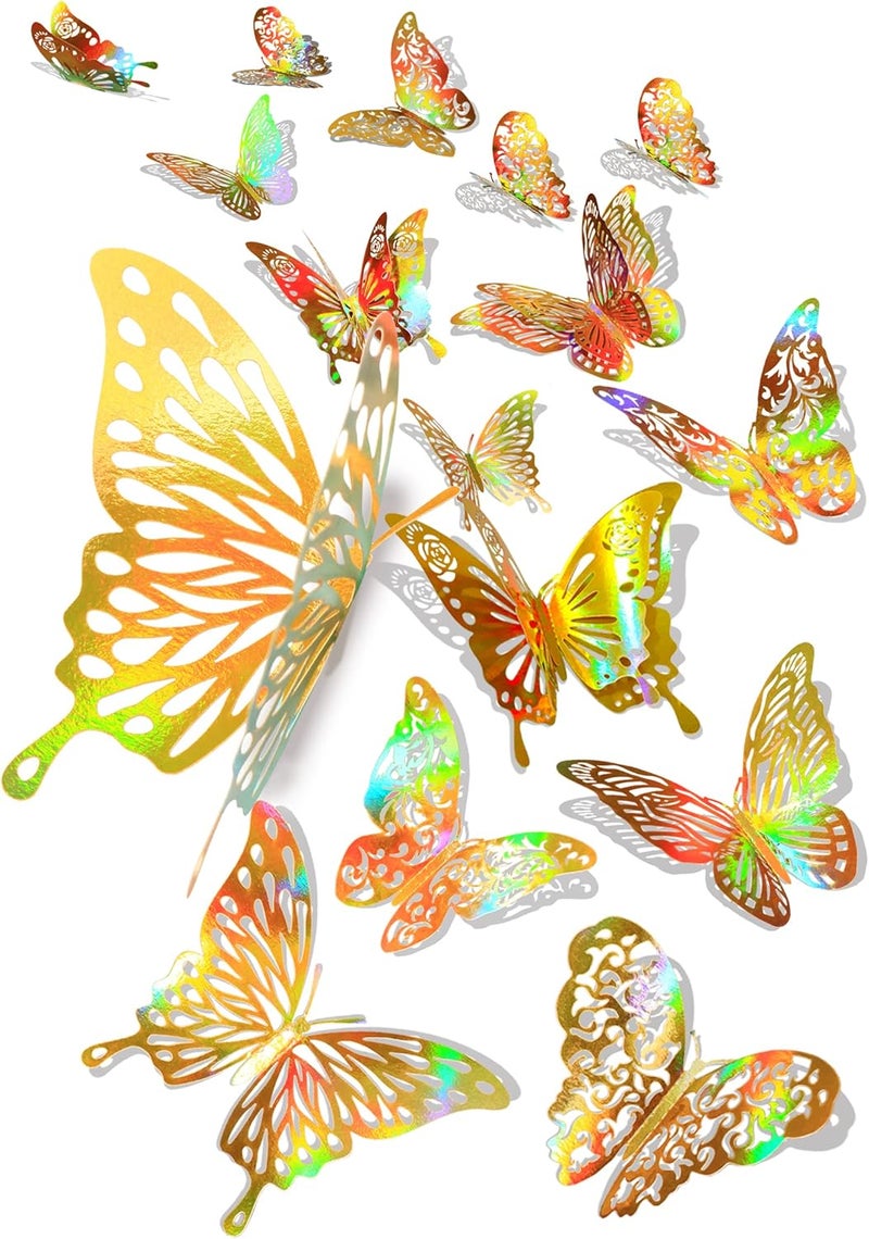 DELEMI 60 Pcs 3D Iridescent Gold Butterfly Wall Decor, Holographic Decorations with Set 5 Style DIY Man Made Removable Decorative for Home, Party - Image 1